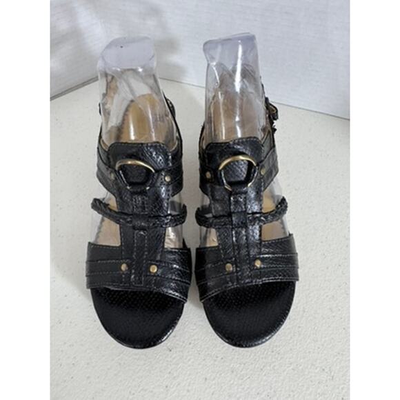 "BUSSOLA" Black Wedge Summer Sandals Strappy Metal Accents Size 7.5 (38) Cork - Picture 3 of 9